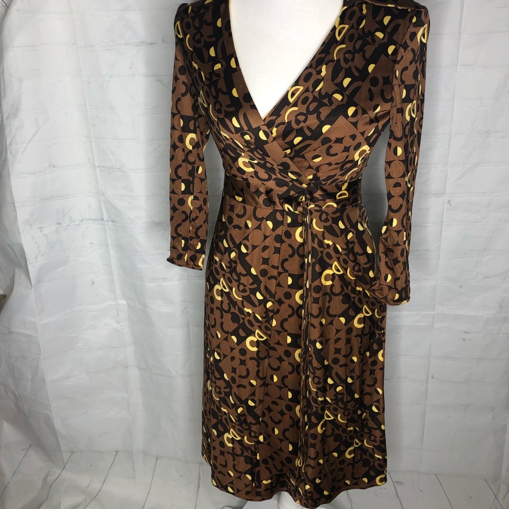 Kay Unger New York Womens Silk Faux Wrap Dress brown Size 2